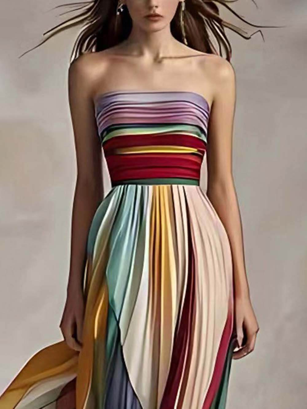 Abito Maxi Plissettato Bandeau Elegante con Stampa a Strisce