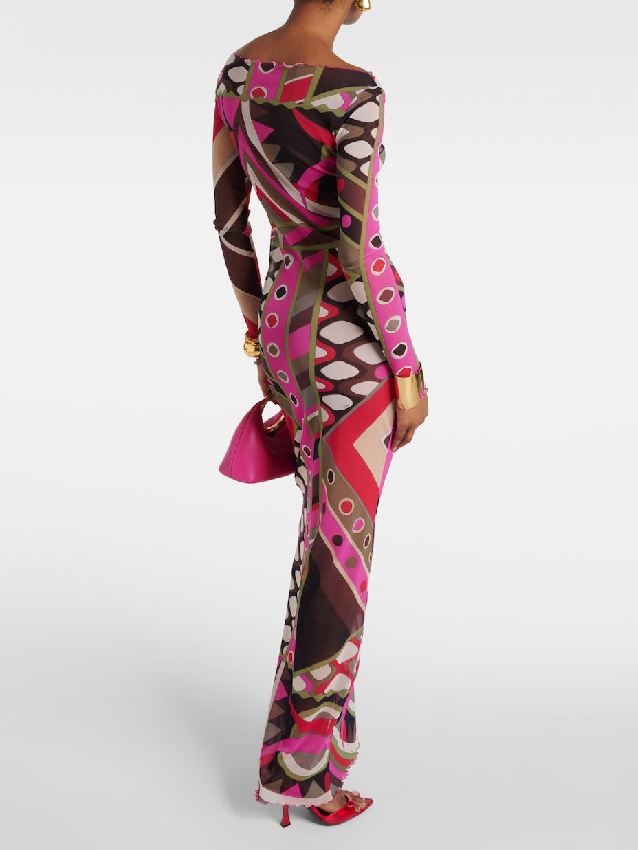Abito Maxi Hip-Wrapped con Stampa Astratta Retro