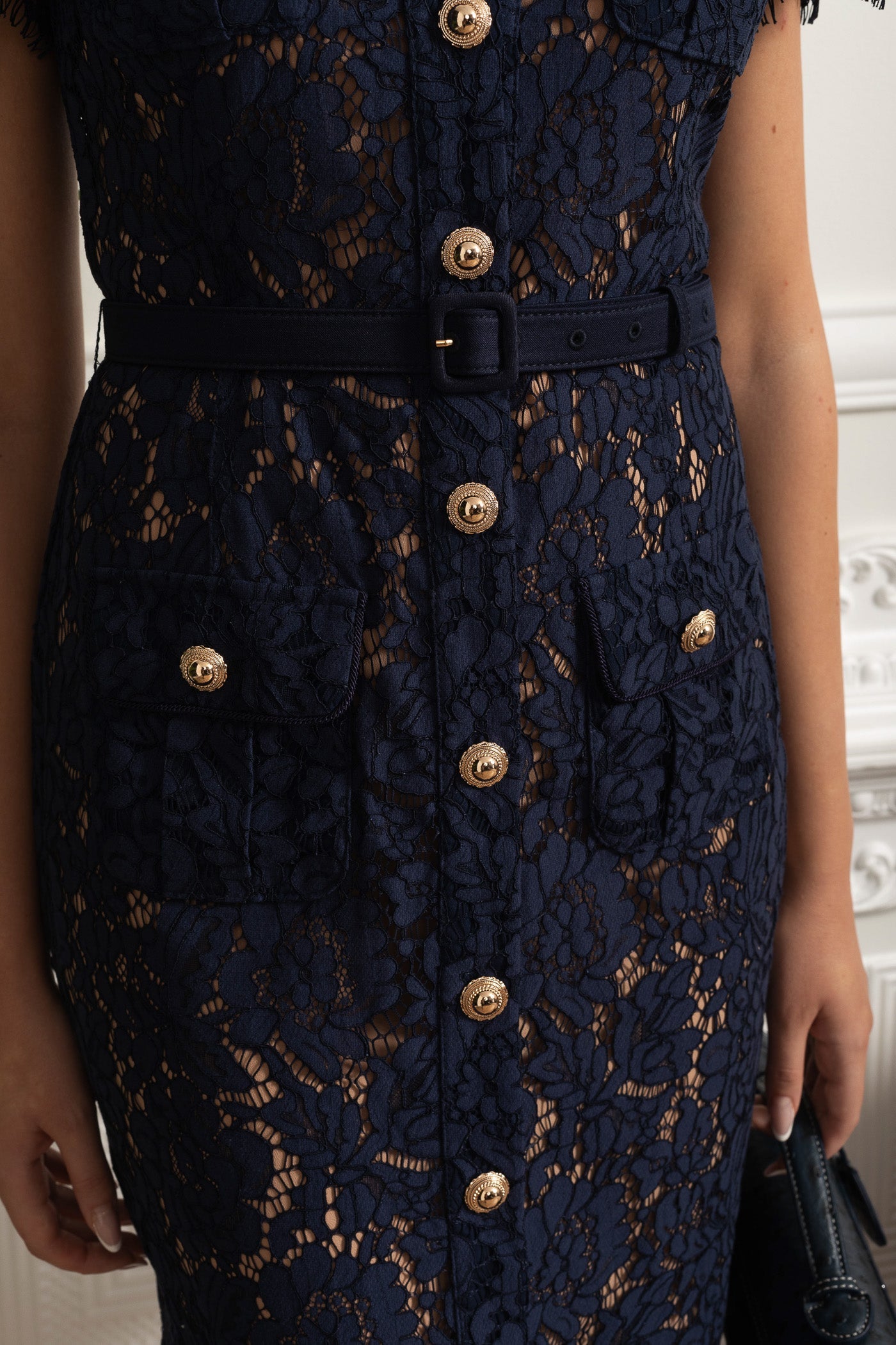 ELEONORA | Abito Midi in Pizzo con Colletto e Cintura