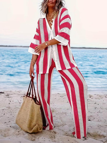 Set di Camicia a Strisce con Scollatura a V e Pantaloni a Gamba Larga