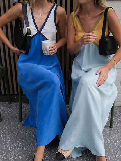 Abito Chic con Scollo a V e Colori Contrastanti