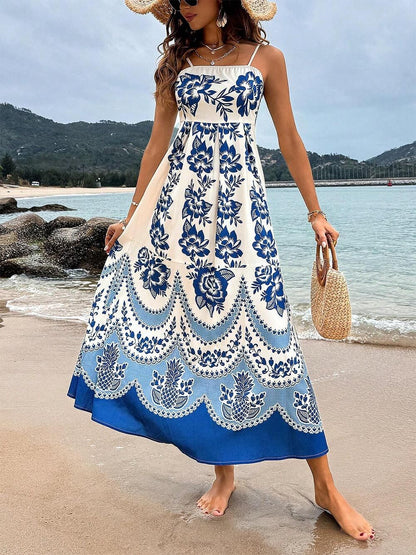 Abito Midi Lungo con Stampa Floreale Etnica e Schiena Arricciata