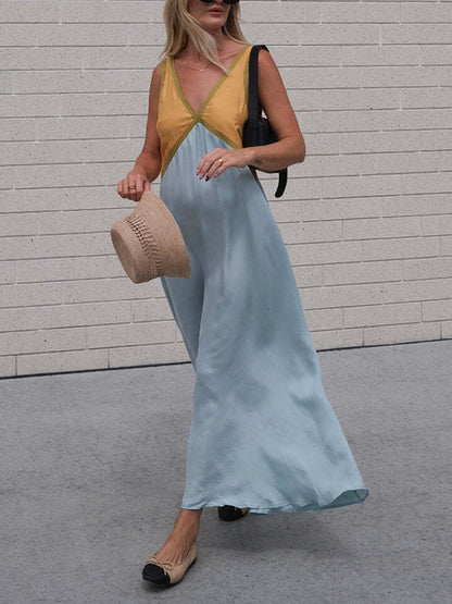 Abito Chic con Scollo a V e Colori Contrastanti
