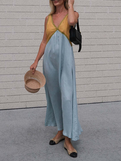 Abito Chic con Scollo a V e Colori Contrastanti