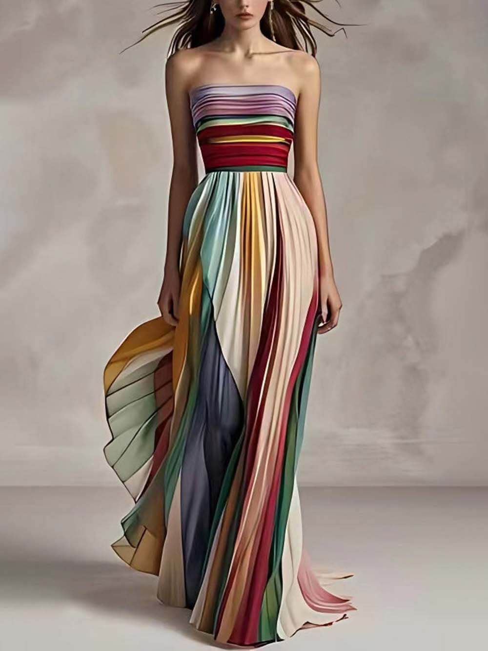 Abito Maxi Plissettato Bandeau Elegante con Stampa a Strisce