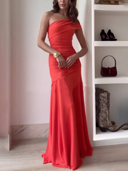 Abito Maxi Elegante Senza Spalline in Rete Arricciato e Stretch