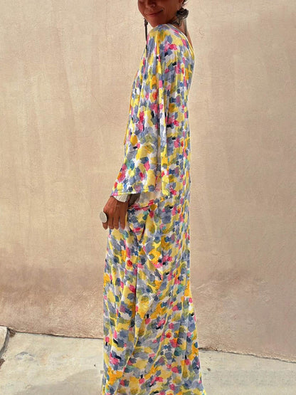 Abito Maxi Off-shoulder Ink-dye Stampato per le Vacanze