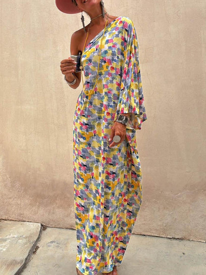 Abito Maxi Off-shoulder Ink-dye Stampato per le Vacanze