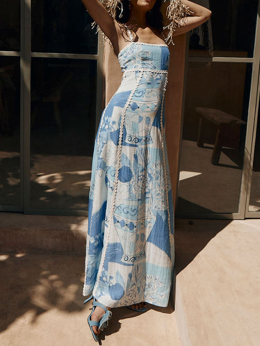 Abiti Maxi Flare con Spalline a Halter, Pizzo e Stampa, con Nodo sul Retro