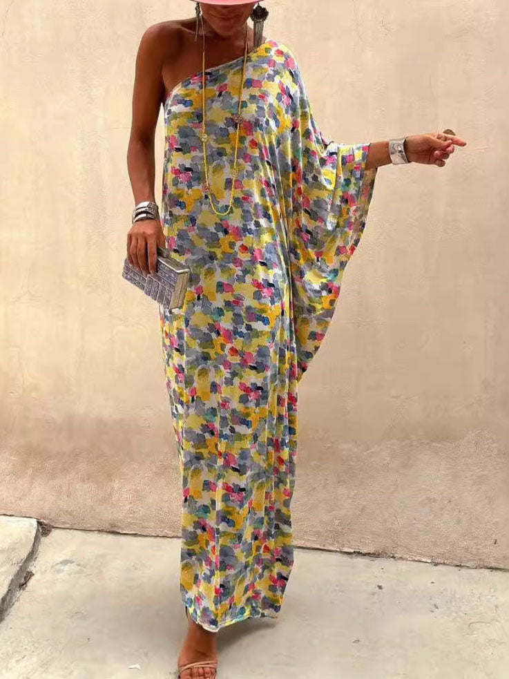 Abito Maxi Off-shoulder Ink-dye Stampato per le Vacanze
