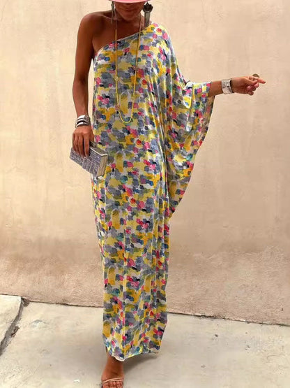 Abito Maxi Off-shoulder Ink-dye Stampato per le Vacanze