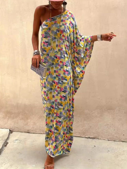 Abito Maxi Off-shoulder Ink-dye Stampato per le Vacanze