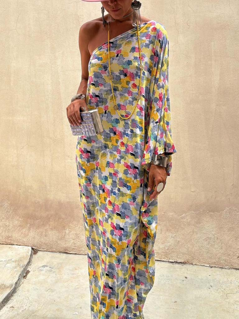 Abito Maxi Off-shoulder Ink-dye Stampato per le Vacanze
