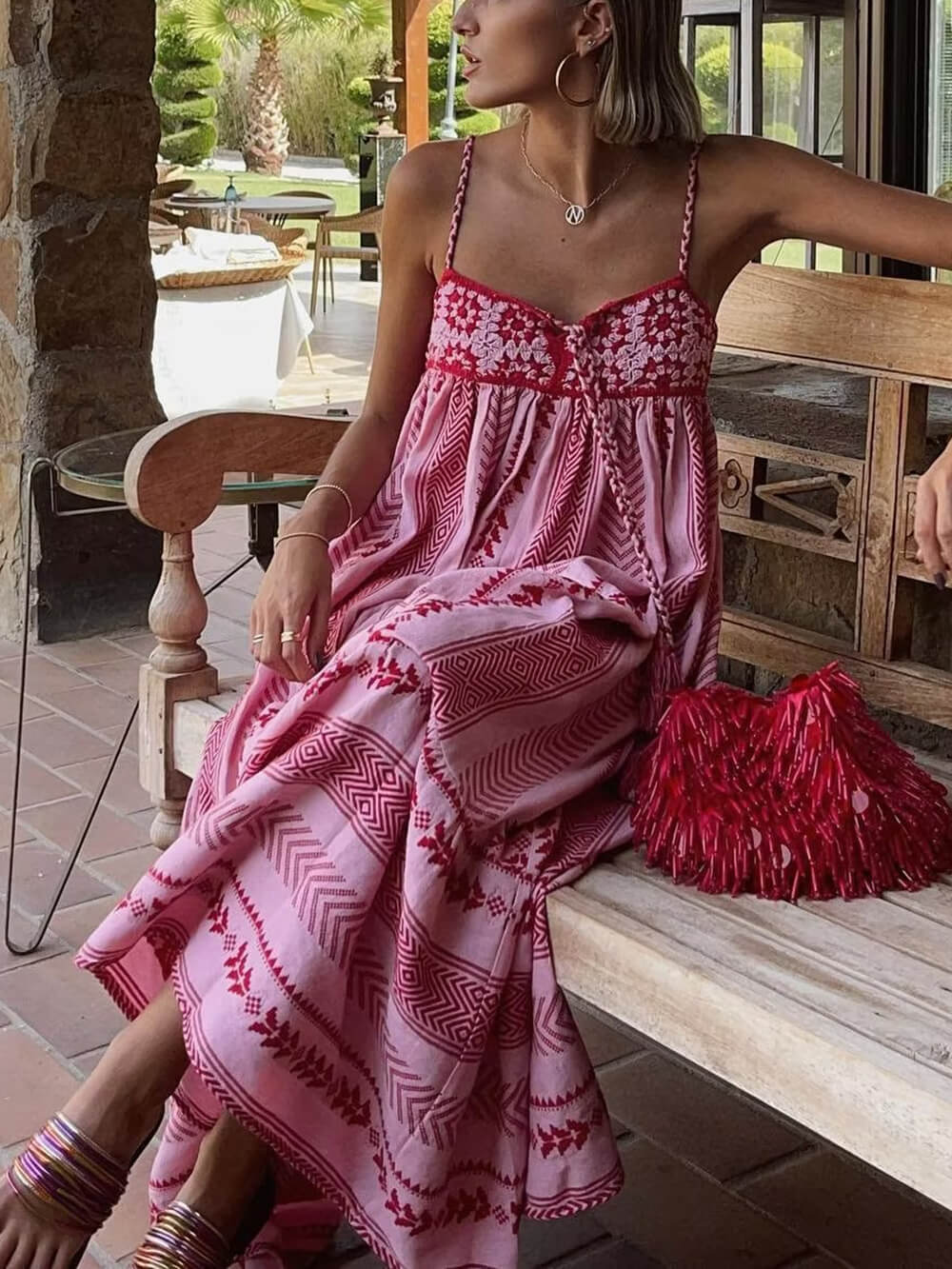 Abito Maxi Slip all'Uncinetto in Stile Etnico
