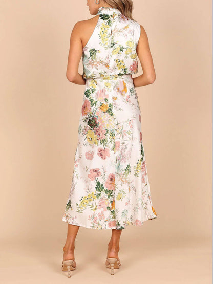 Abito Maxi con Scollo Halter e Vita Elastica a Fiori