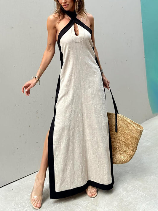 Abito Maxi Color Block con Scollo Halter e Spacco