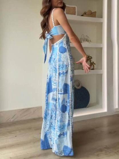 Abiti Maxi Flare con Spalline a Halter, Pizzo e Stampa, con Nodo sul Retro