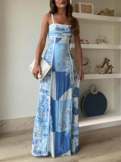 Abiti Maxi Flare con Spalline a Halter, Pizzo e Stampa, con Nodo sul Retro