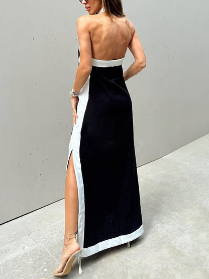 Abito Maxi Color Block con Scollo Halter e Spacco
