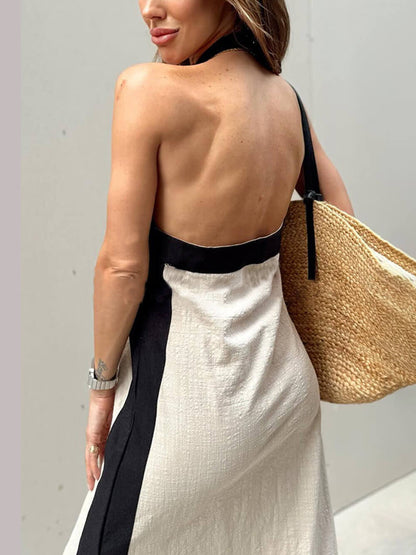 Abito Maxi Color Block con Scollo Halter e Spacco