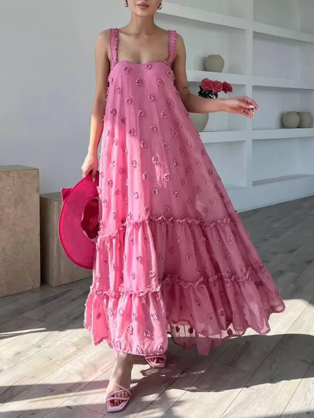 Abito Maxi A-Line Svasato con Decorazioni Floreali