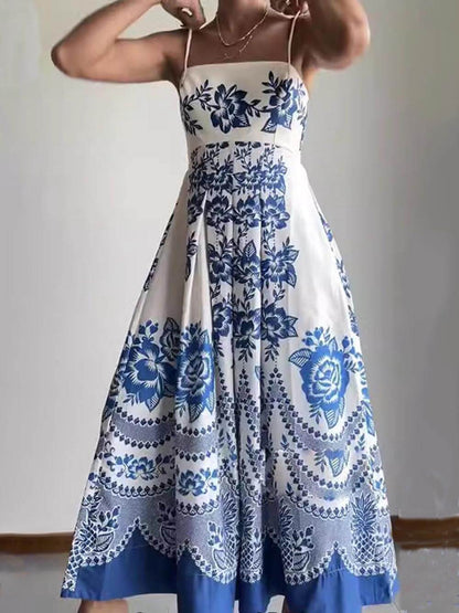 Abito Midi Lungo con Stampa Floreale Etnica e Schiena Arricciata