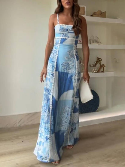 Abiti Maxi Flare con Spalline a Halter, Pizzo e Stampa, con Nodo sul Retro