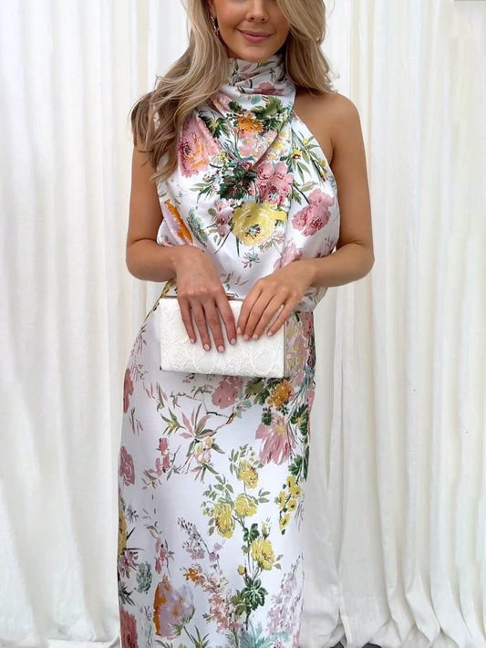 Abito Maxi con Scollo Halter e Vita Elastica a Fiori