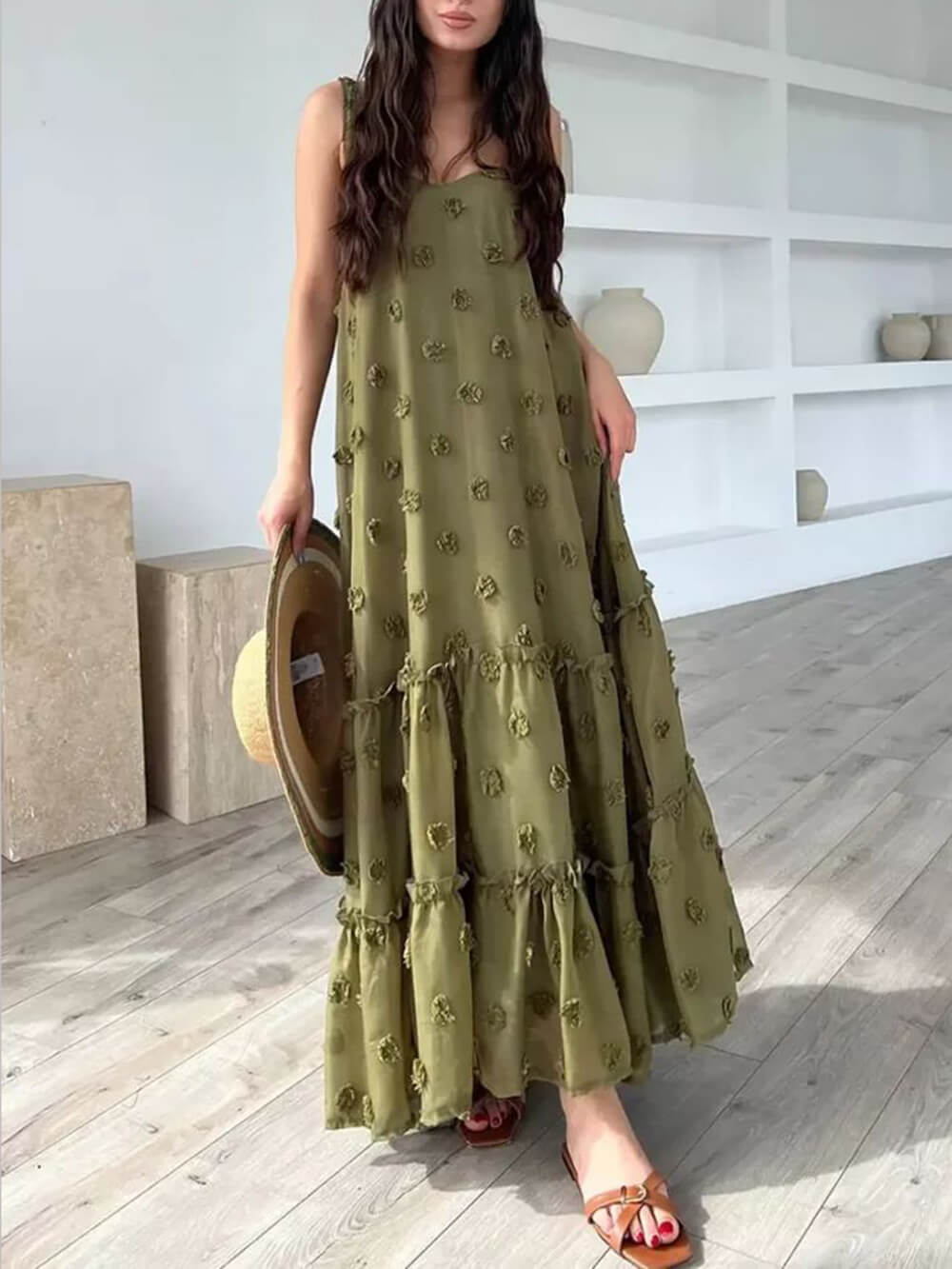 Abito Maxi A-Line Svasato con Decorazioni Floreali