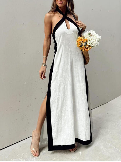 Abito Maxi Color Block con Scollo Halter e Spacco