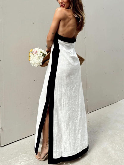 Abito Maxi Color Block con Scollo Halter e Spacco