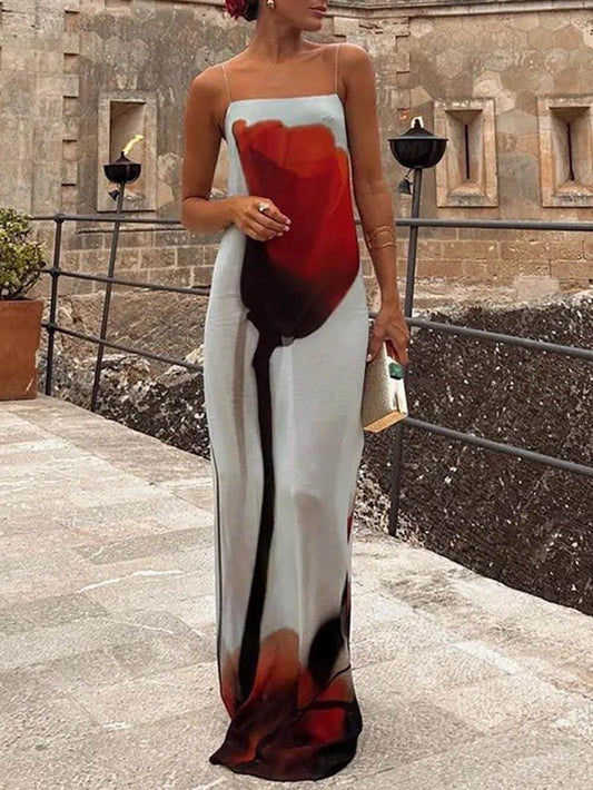 Abito Maxi H-Line con Stampa Astratta di Tulipani