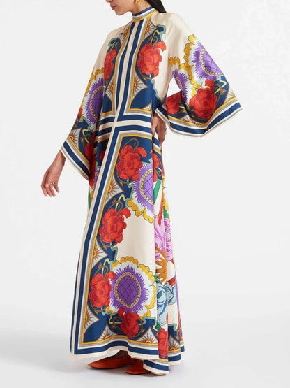 Maxi Dress con Maniche a Cascata Drappeggiate e Stampa Floreale Squisita