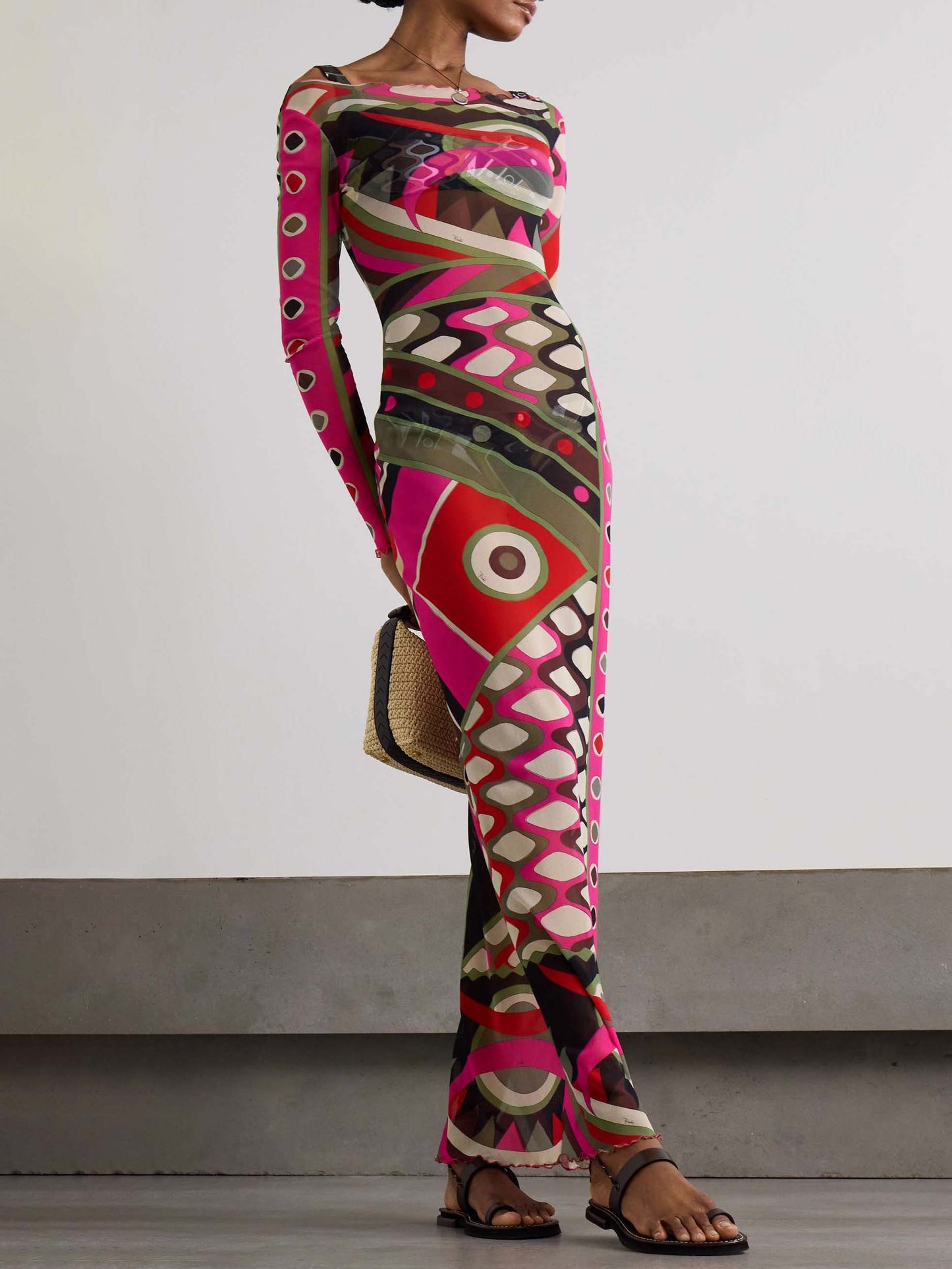 Abito Maxi Hip-Wrapped con Stampa Astratta Retro