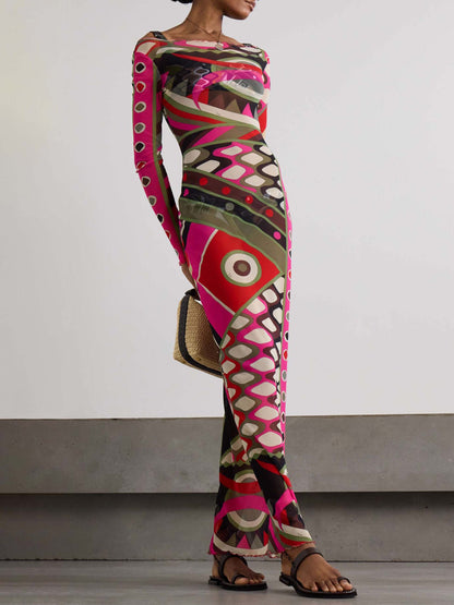 Abito Maxi Hip-Wrapped con Stampa Astratta Retro