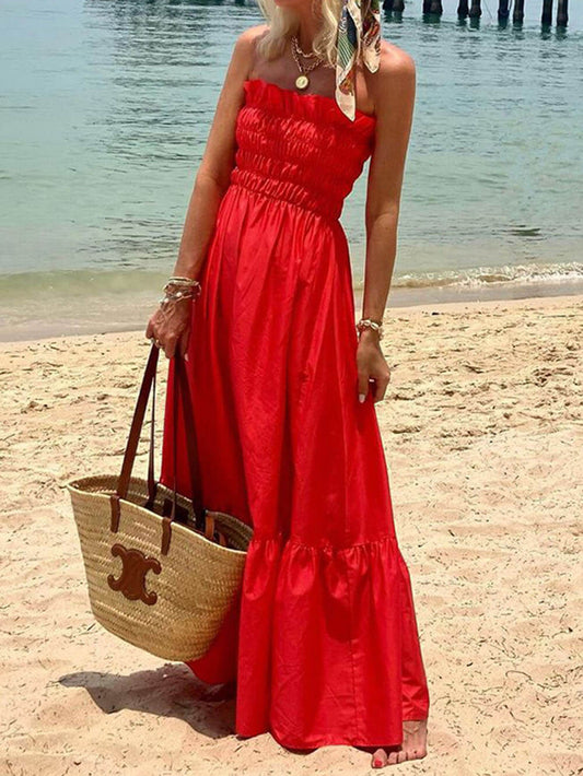 Abito Maxi Vacanza con Scollo Off-Shoulder e Bustino Arricciato