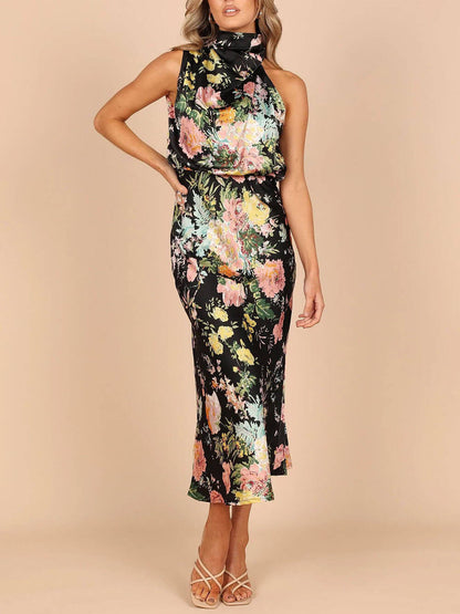 Abito Maxi con Scollo Halter e Vita Elastica a Fiori