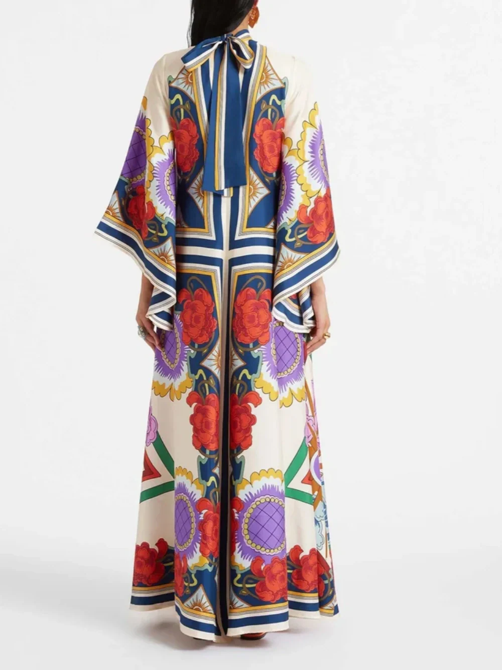 Maxi Dress con Maniche a Cascata Drappeggiate e Stampa Floreale Squisita