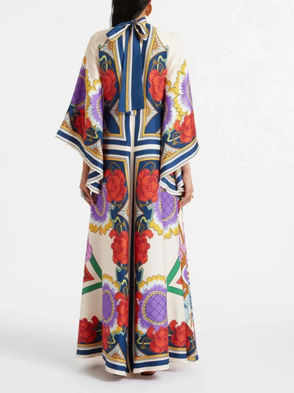 Maxi Dress con Maniche a Cascata Drappeggiate e Stampa Floreale Squisita