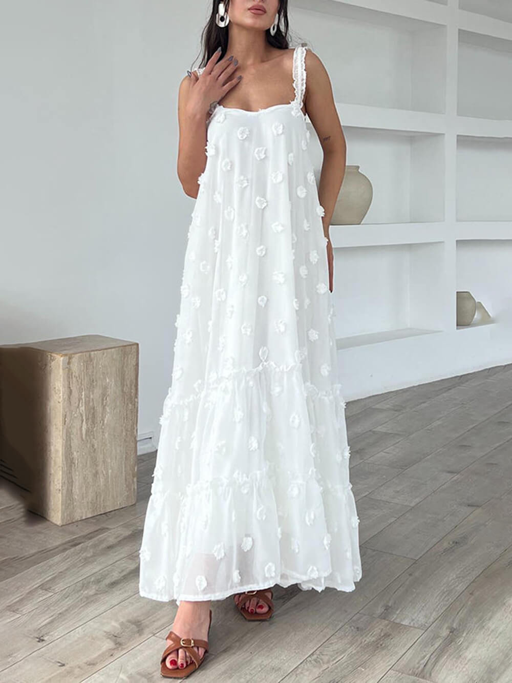 Abito Maxi A-Line Svasato con Decorazioni Floreali