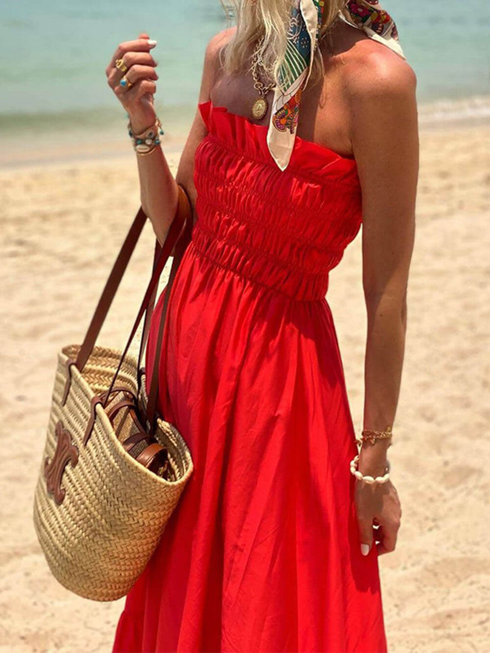 Abito Maxi Vacanza con Scollo Off-Shoulder e Bustino Arricciato