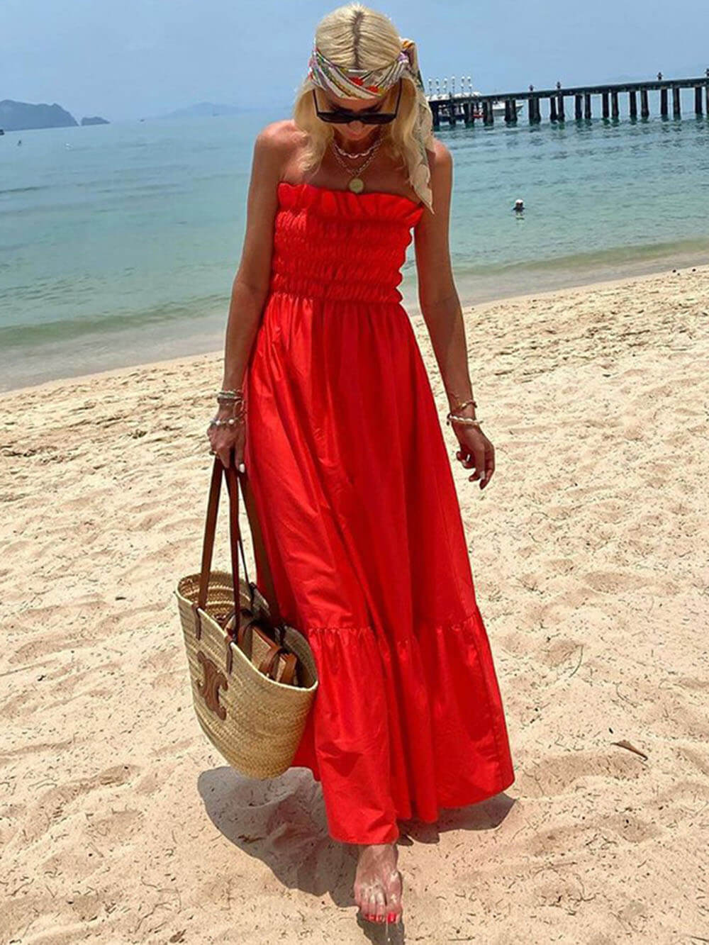 Abito Maxi Vacanza con Scollo Off-Shoulder e Bustino Arricciato