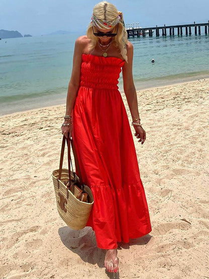 Abito Maxi Vacanza con Scollo Off-Shoulder e Bustino Arricciato