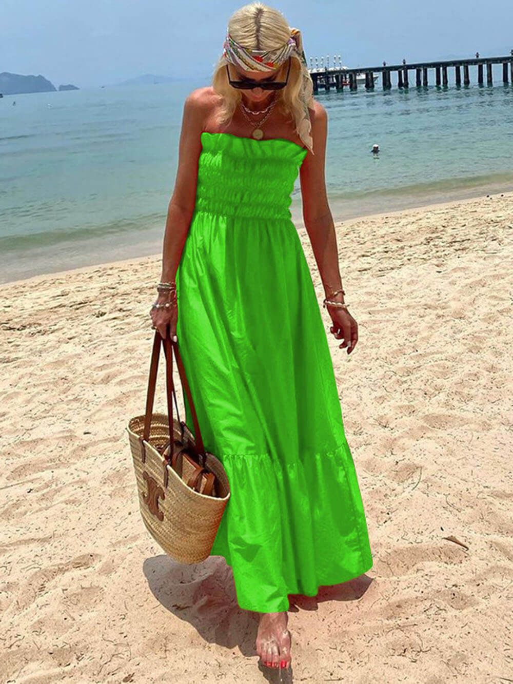 Abito Maxi Vacanza con Scollo Off-Shoulder e Bustino Arricciato