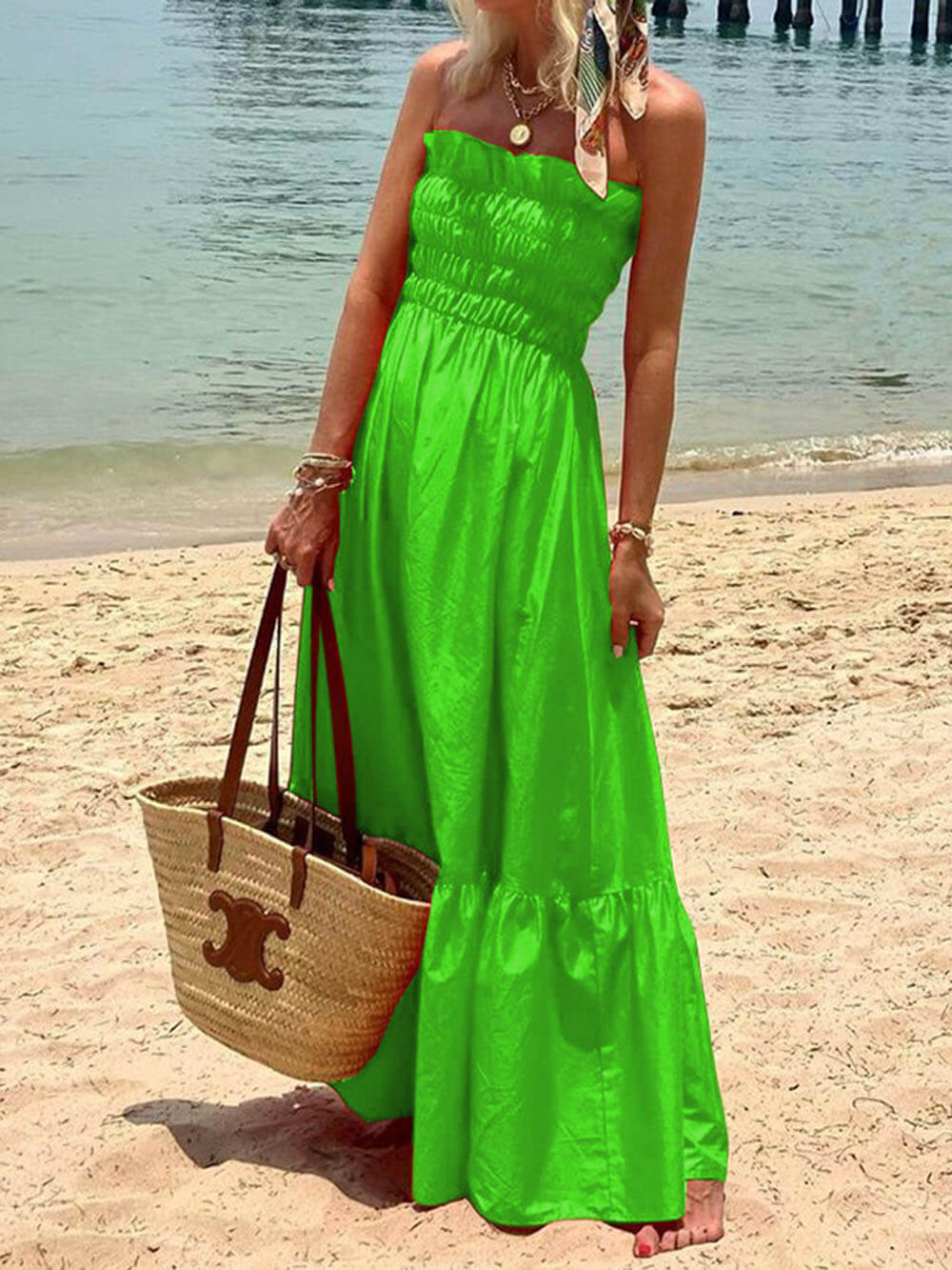 Abito Maxi Vacanza con Scollo Off-Shoulder e Bustino Arricciato