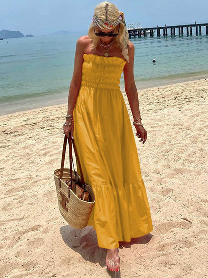 Abito Maxi Vacanza con Scollo Off-Shoulder e Bustino Arricciato