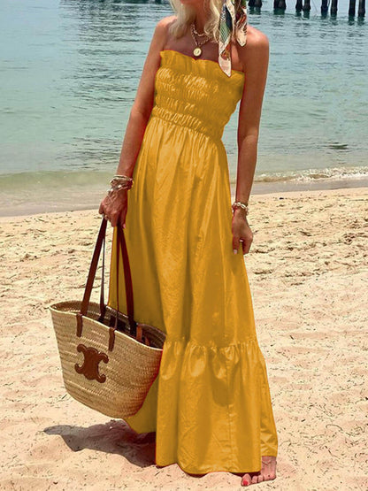 Abito Maxi Vacanza con Scollo Off-Shoulder e Bustino Arricciato