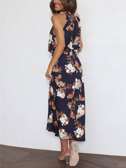 Abito Maxi con Scollo Halter e Vita Elastica a Fiori