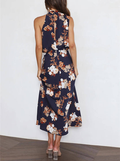 Abito Maxi con Scollo Halter e Vita Elastica a Fiori
