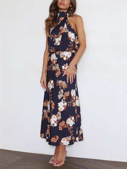 Abito Maxi con Scollo Halter e Vita Elastica a Fiori